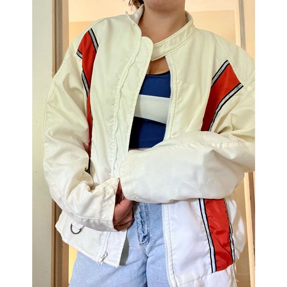 VINTAGE White USA Biker Design Jacket XL - Picture 3 of 6